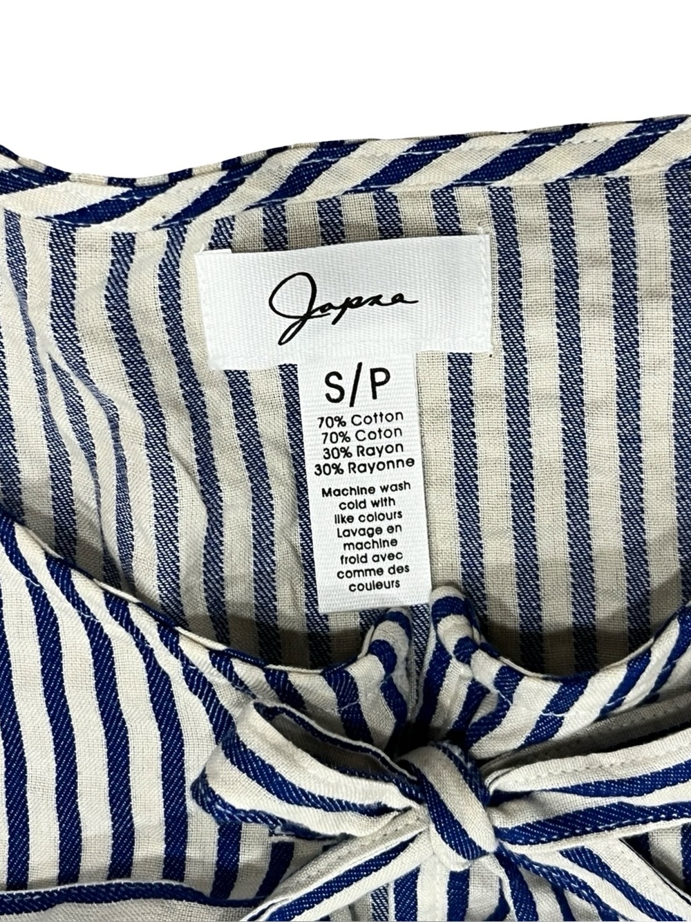 Japna Cotton Blend Cobalt Blue & Cream Striped Tie-Front Peplum Blouse NWT Small - Picture 5 of 8